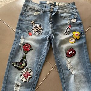 Indigo Rein Light Blue Patchwork Skinny Jeans with Embroidered Patches
